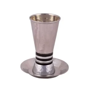 Yair Emanuel hammered Kiddush cup with silver rings and matching saucer