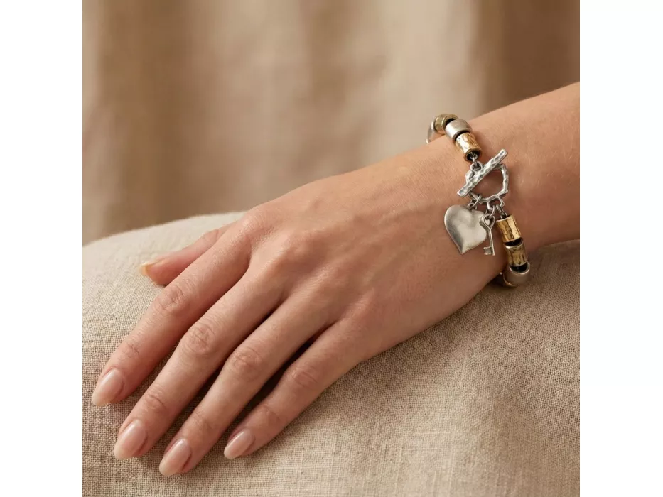 Gold & Silver Key and Heart Charm Bracelet — Anava, Made in Israel - Image 4