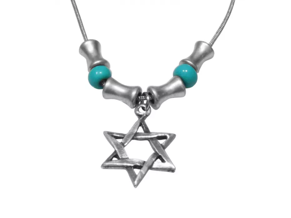 Silver Plated Star of David Necklace with Turquoise Beads — Anava